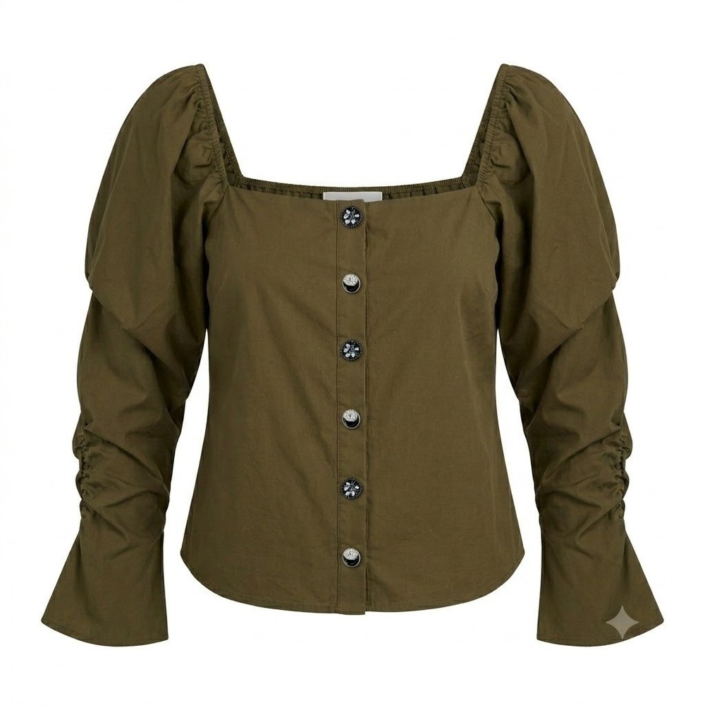 The Shirt Rochelle Behrens Medium Olive Green Puff Sleeve Square Neck Top - CJ